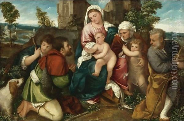 Holy Family With Saint Elizabeth, The Infant St. John, And Two Shepherds Oil Painting - Bonifazio Veronese