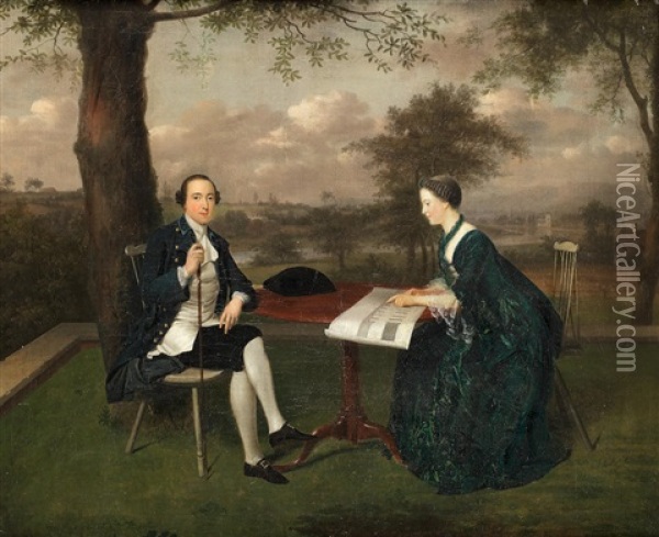 James, 20th Earl Of Kildare And His Wife Emily Mary In The Grounds Of Carton Oil Painting - Arthur Devis