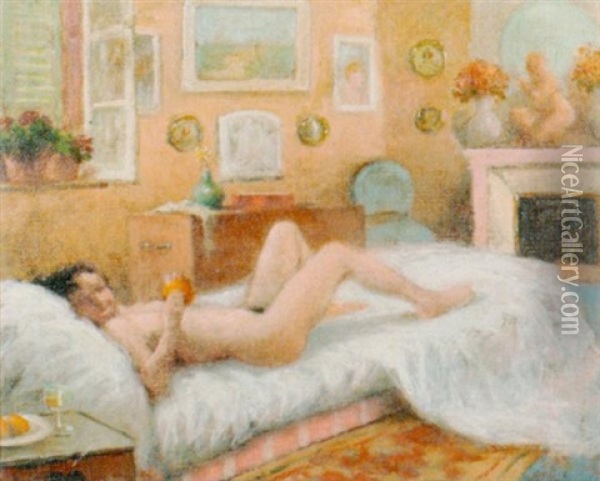 Schlafzimmerinterieur Mit Weiblichem Akt Auf Einem Bett, Sich Einen Strumpf Anziehend Oil Painting - Eugene Cadel