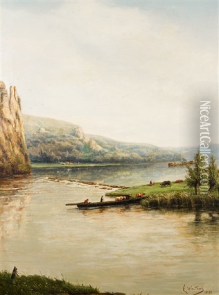 Le Betail Traversant La Riviere Sur Le Bac Oil Painting - Eugene Jacques Hubert Wolters