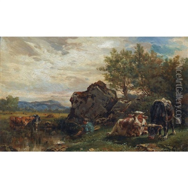 Landschaftspartie Mit Angler Und Rindern Oil Painting - Louis Jean Baptiste Guy