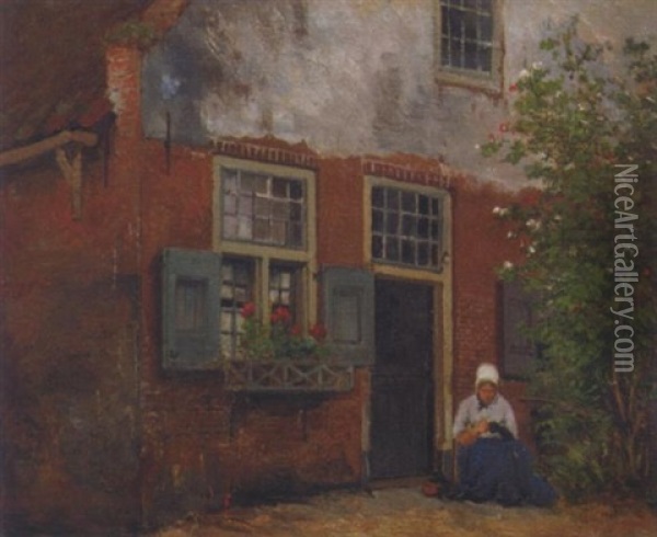 Sewing On The Doorstep Oil Painting - Johannes Hermanus Barend Koekkoek