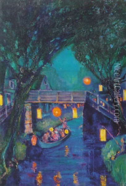 Sint Maarten-night In Giethoorn With Lanterns Hanging From Trees Oil Painting - Herman Heijenbrock
