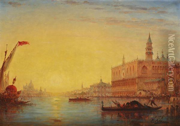 Vue Du Molle Et De Santa Maria Della Salute A Venise Oil Painting - Charles Clement Calderon