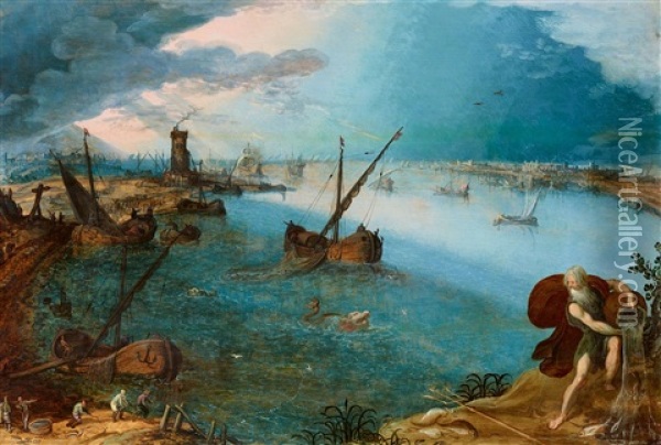 Harbour Panorama With Fishermen And Neptune Oil Painting - Louis de Caullery