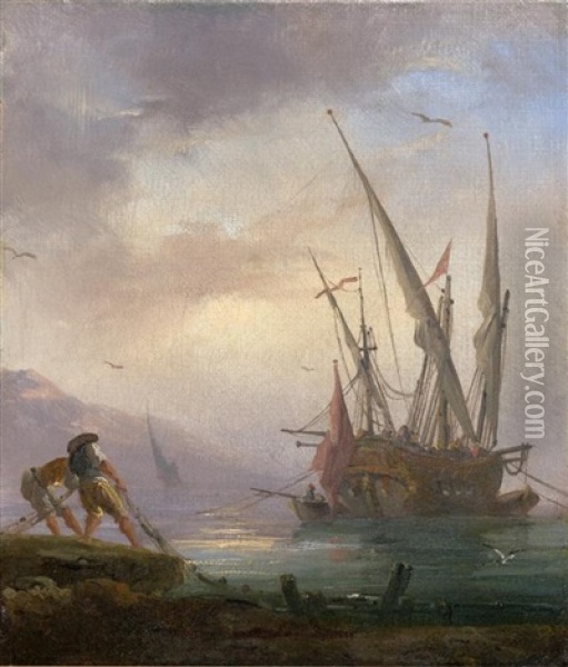 Pecheurs Remontant Les Filets Devant Un Galion Oil Painting - Charles Francois Lacroix