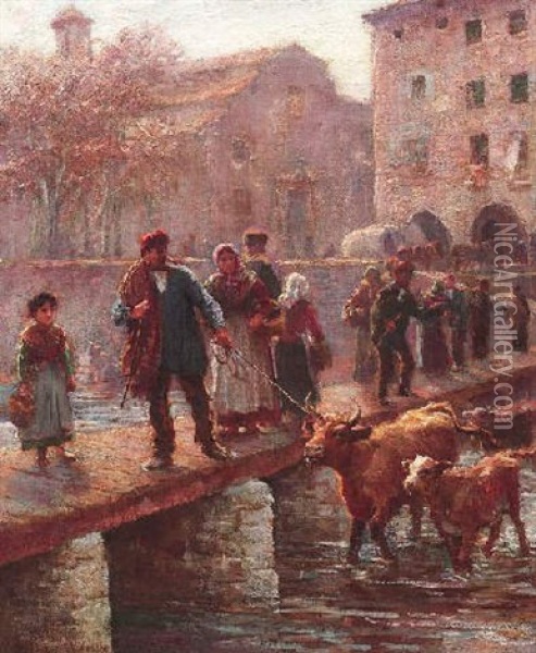 Bauern Treiben Ihr Vieh Zum Markt Von Gerona (spanien) Oil Painting - Arthur Trevor Haddon