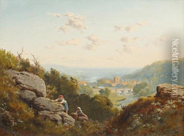 Extensive Landscape With Distant
 View Of A Town And Children Climbing Rocks In The Foreground Oil Painting - Edmund John Niemann, Snr.
