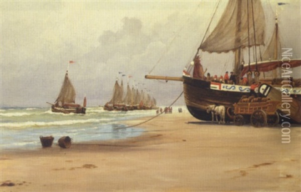 Et Sejlskib Lastes Med Tonder Pa Stranden Ved Scheveningen Oil Painting - Carl Ludvig Thilson Locher