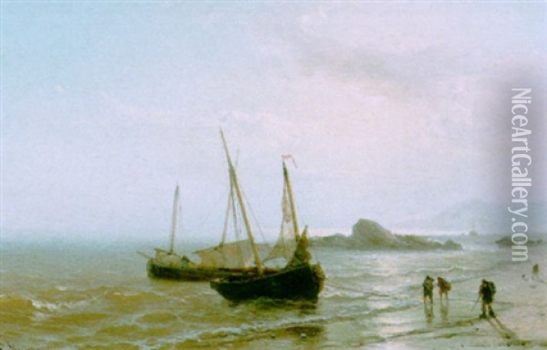 Sailing Vessels On The Shore Oil Painting - Johan Hendrik Meyer