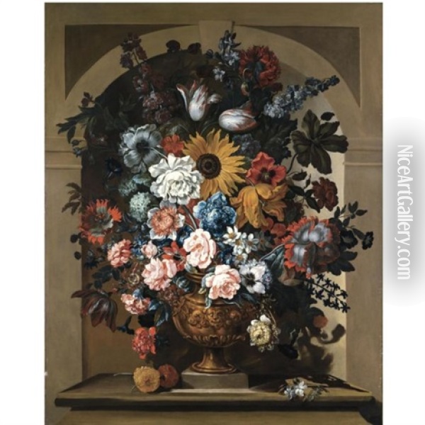 Still Life Of Roses, Sun Flower, Morning Glory, Hyacinths, Anemones, Parrot Tulips And Other Flowers, In A Bronze Sculpted Vase, In A Niche Oil Painting - Pieter Casteels III