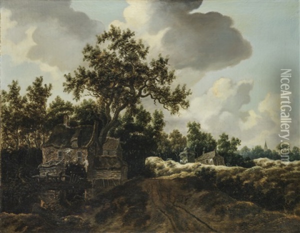 A Dune Landscape With Dwellings By The Side Of A Country Road Oil Painting - Jacob Van Ruisdael