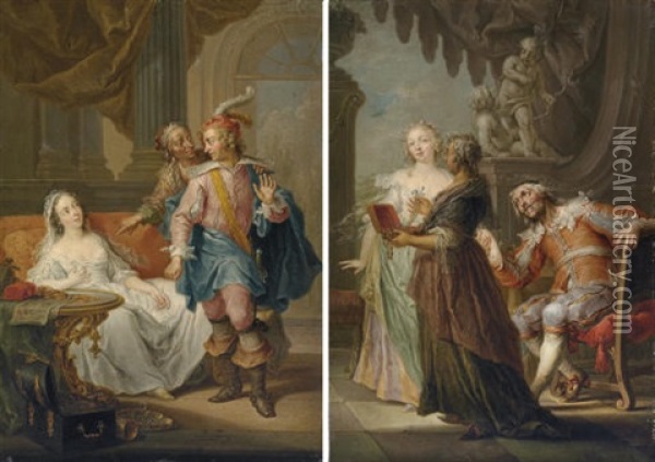 An Elegant Couple With An Old Maid In An Interior (+ An Elegant Couple With An Old Maid In An Exterior; Pair) Oil Painting - Franz Christoph Janneck