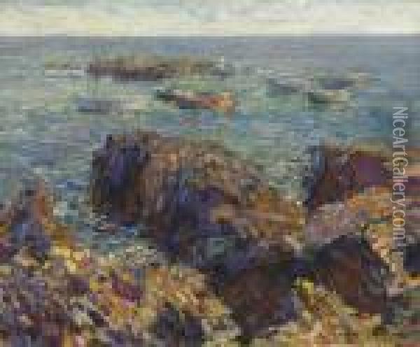 Rocky Shore With Moored Boats Oil Painting - Walt Kuhn