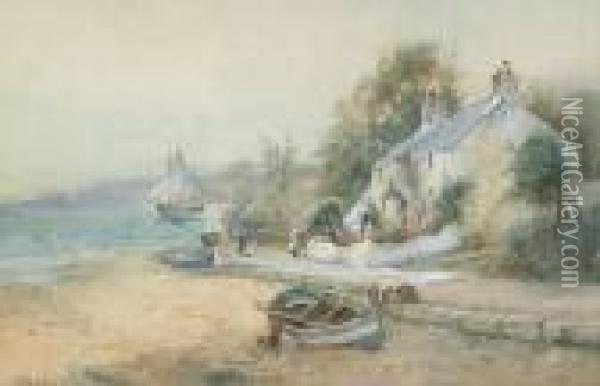 Fishing Boats On A Beach Beside A Cottage Oil Painting - Joseph Hughes Clayton