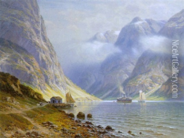 Norsk Fjord Mellem Stejle Klipper, Med Damper Og Sejlbad Oil Painting - Johannes Harders