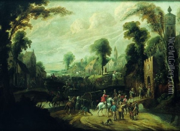 Soldats Et Cavaliers Entrant Dans Une Ville Fortifiee Oil Painting - Pieter Meulener