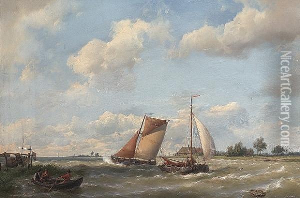 Dutch Barges Off A Coast With Fishermen In A Rowing Boat Oil Painting - Hermanus Koekkoek