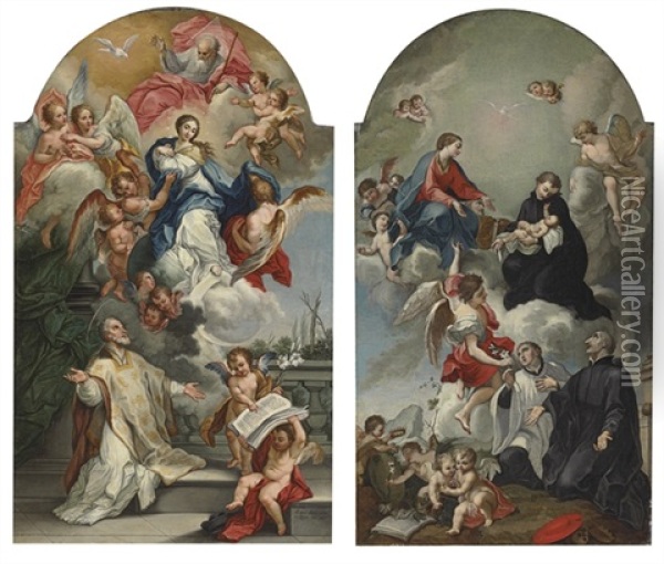 The Vision Of St. Philip Neri (+ The Vision Of Sts. Francs Borgia, Aloysius Gonzaga And Stanislas Kostka; Diptych) Oil Painting - Antonio Salas