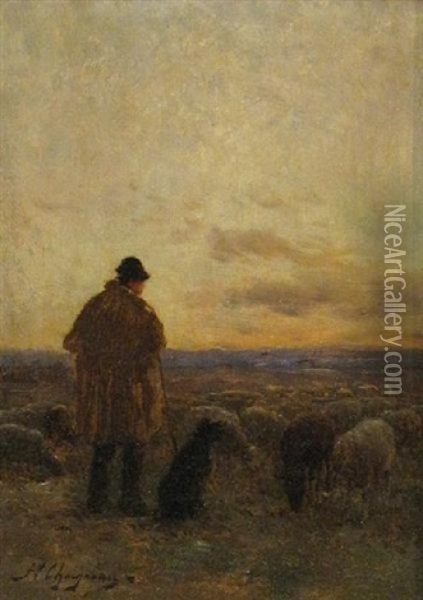 A Shepherd And His Flock Oil Painting - Jean Ferdinand Chaigneau