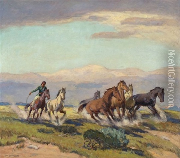 Navajo Herding Wild Horses Oil Painting - Carl Oscar Borg