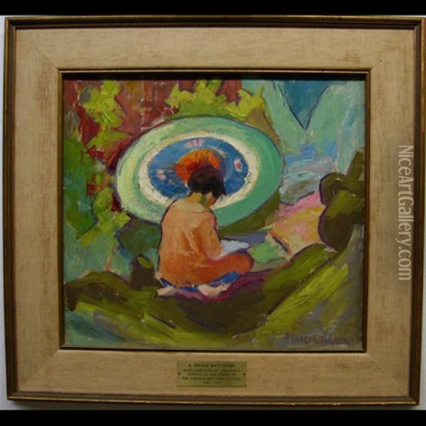 Young Girl With Parasol (+ Girl Reading Outside Tent, Verso) Oil Painting - Stateira Frame