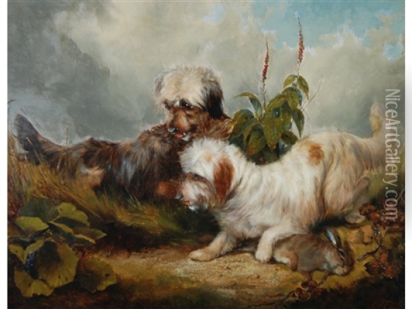 Two Skye Terriers With A Hare, In Undergrowth Oil Painting - Thomas William Earl