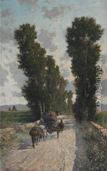 Horses Hauling A Loaded Cart Outside Rome Oil Painting - Cesare Bertolla