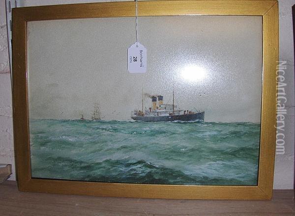 In Irish Waters - The Holyhead Mail Boat, Inscribed And Dated 1933 Oil Painting - William Minshall Birchall