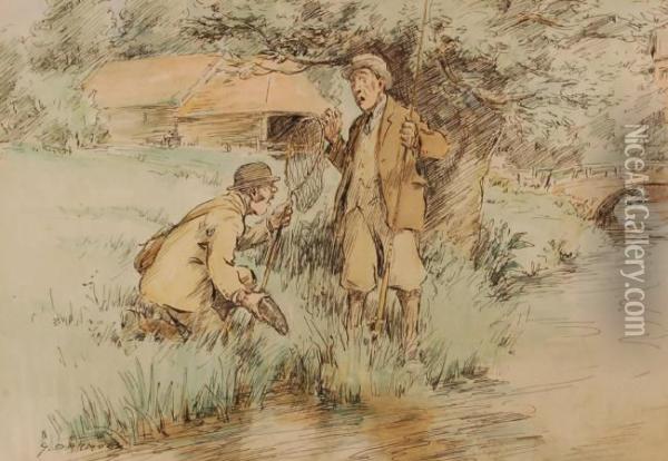 Pen, Ink Andwatercolour Cartoon,
 Anglers On A River Bank, Signed With Captionon The Mount, Artist 
Dedication Verso. 7.5