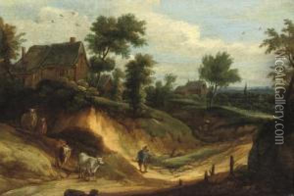 A Hilly Landscape With A Herdsman And His Cattle, A Cottage Nearby Oil Painting - Lodewijk De Vadder