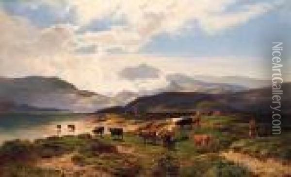 A Drover With Cattle In A Mountainous Landscape Oil Painting - Sidney Richard Percy