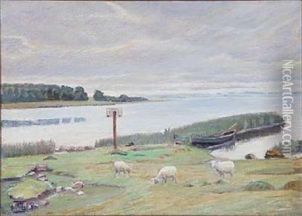 Graavejrsdag Ved Fjorden. Bogenaes Oil Painting - Poul S. Christiansen