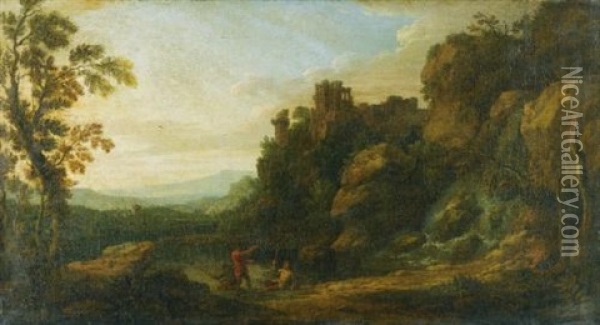 A Rocky Landscape With Three Fisherman By A Lake, A Ruined Castle On An Outcrop Beyond Oil Painting - Richard Carver