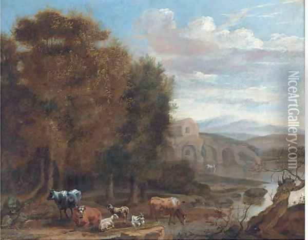 Cattle and goats resting by a lake Oil Painting - James Stark