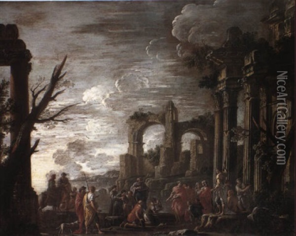 Grave-diggers Displaying Oxen Skulls To A King By A Classical Ruin Oil Painting - Giovanni Ghisolfi