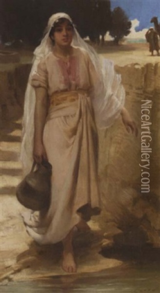 An Arab Woman Fetching Water From A Stream Oil Painting - James Clark