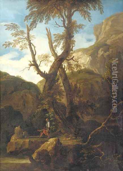 A rocky landscape with anglers by a stream Oil Painting - Salvator Rosa