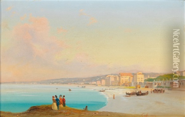 Nicenice, View Of The Beach As Seen From The Quai Du Midi Oil Painting - Ippolito Caffi
