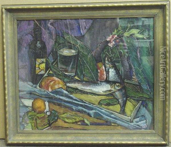 Still Life Sardines, Wine And Fruit Upon A Table Oil Painting - Sam Ostrowsky