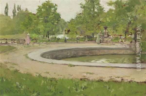 A Water Fountain In Prospect Park Oil Painting - William Merritt Chase