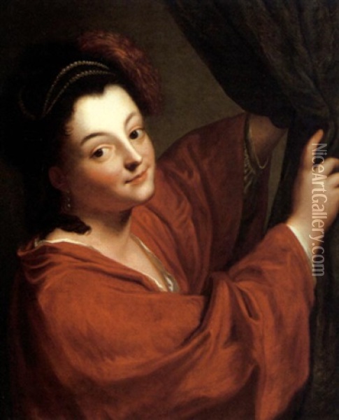 Woman In Red Withdrawing A Curtain Oil Painting - Jean-Baptiste Santerre