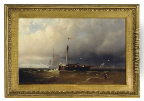 A Sailing Boat In A Storm By The Coast Oil Painting - Hermann Herzog