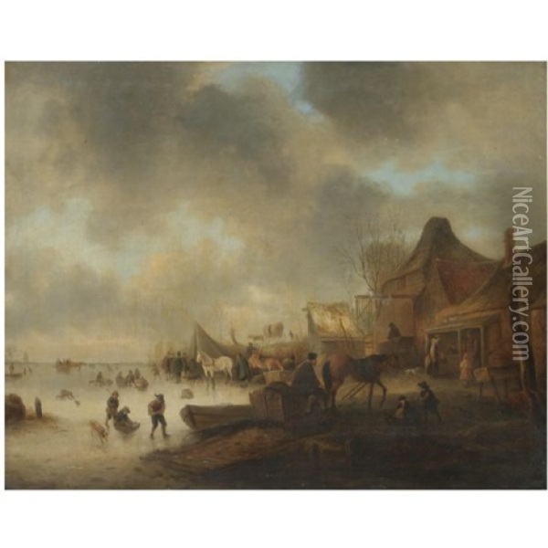 A Winter Landscape With Children Playing On A Frozen River And Travellers Resting With Their Horses Oil Painting - Nicolaes Molenaer