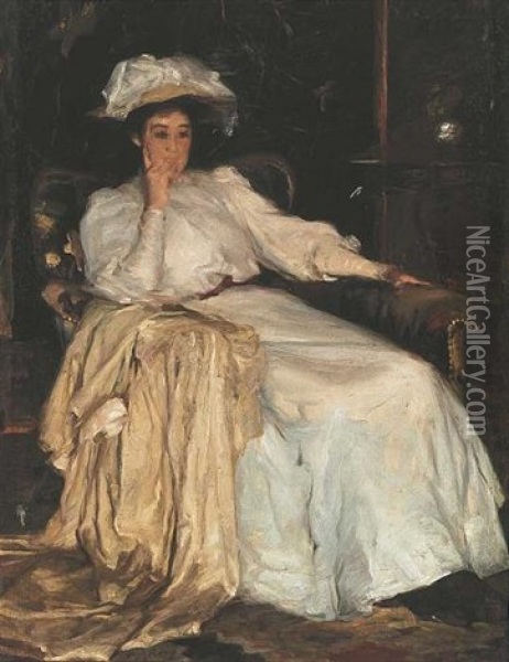 Portrait Of A Woman In White Oil Painting - Hugh Ramsay