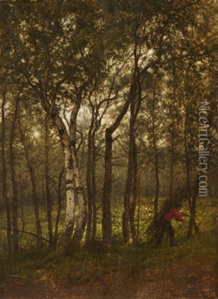 Firewood Collector On A Woodland Path Near Putte Oil Painting - Jean Pierre Francois Lamoriniere