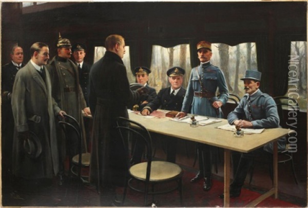 The Signing Of The Armistice - Nov. 11th, 1918 Oil Painting - Harold H. Piffard