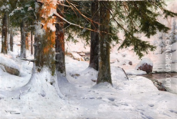 A Snowy Wooded Landscape Oil Painting - Walter Moras