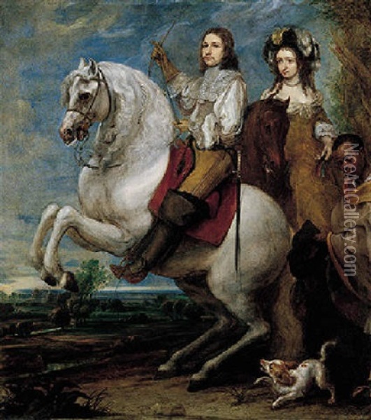 An Equestrian Portrait Of An Elegant Couple With A Negro Page, A Landscape Beyond Oil Painting - Gonzales Coques