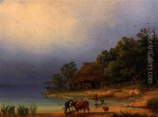 Kuhe An Der Tranke Am Ufer Eines Sees, Reetgedeckte Kate Mit Storchennest Oil Painting - Rudolf Alers